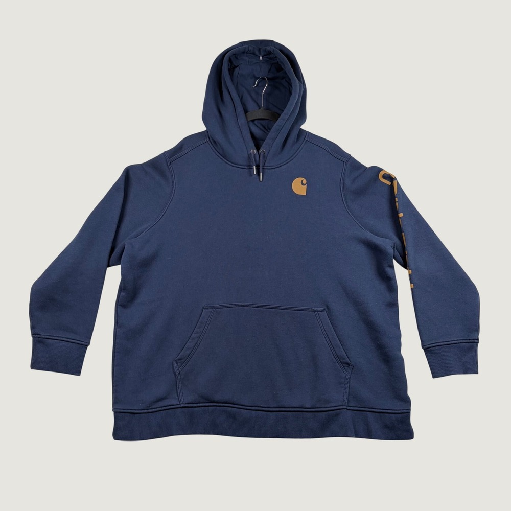 Carhartt Hoodie Womens Relaxed Fit Sleeve Logo 3X Navy Blue Workwear Sweatshirt